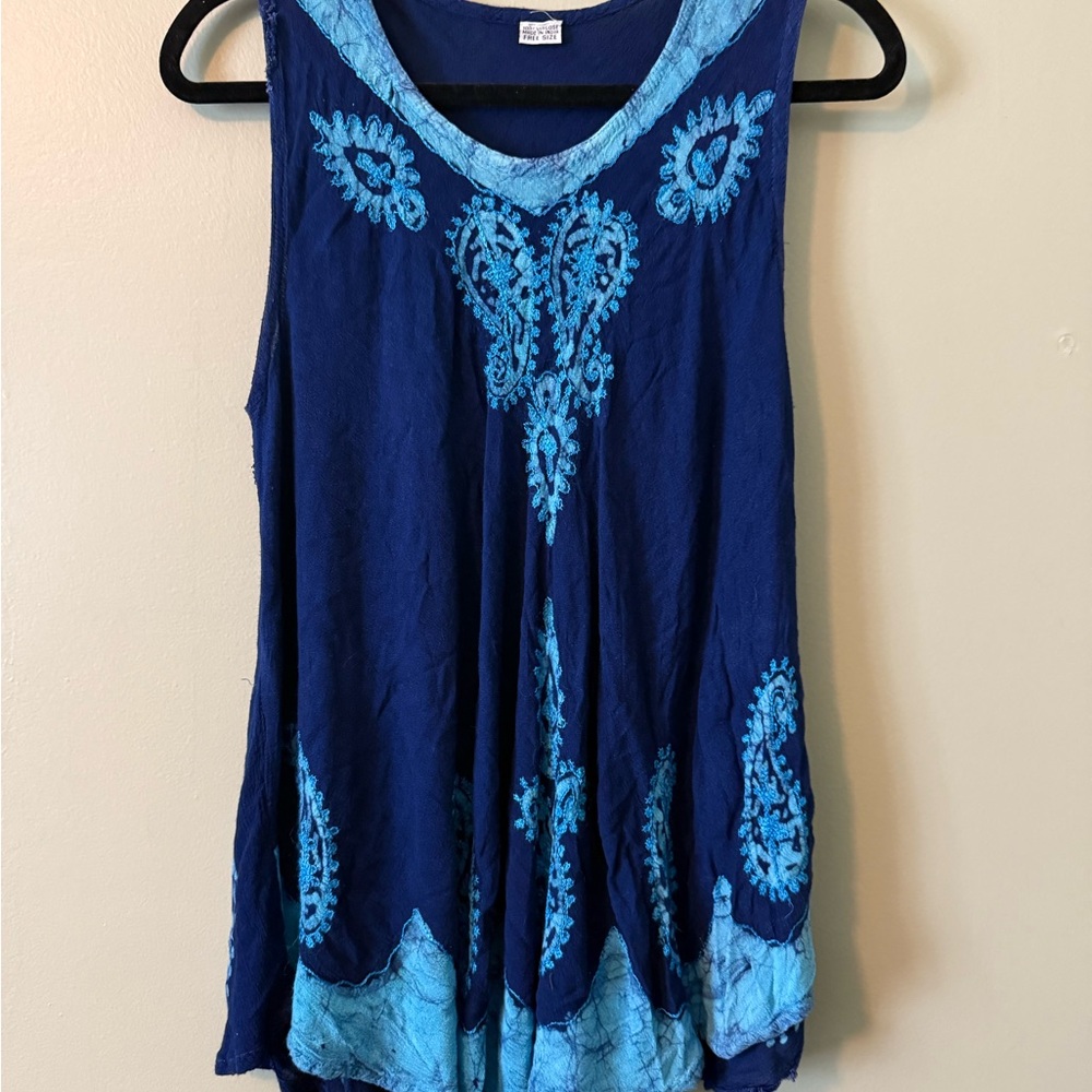 Blue Sleeveless Top with Embroidered Design